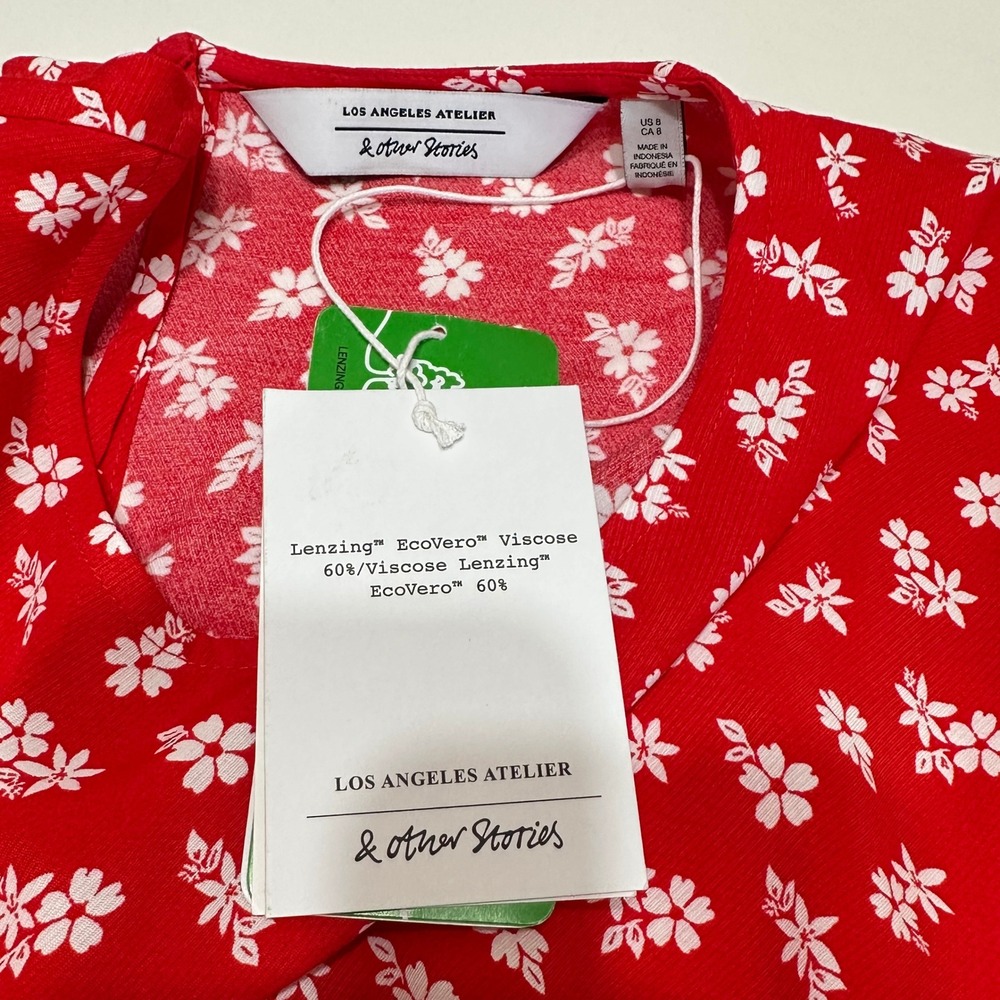 & Other Stories Floral Mini Dress Womens 8 Red Tie Waist Feminine Retro NWT - Picture 12 of 16